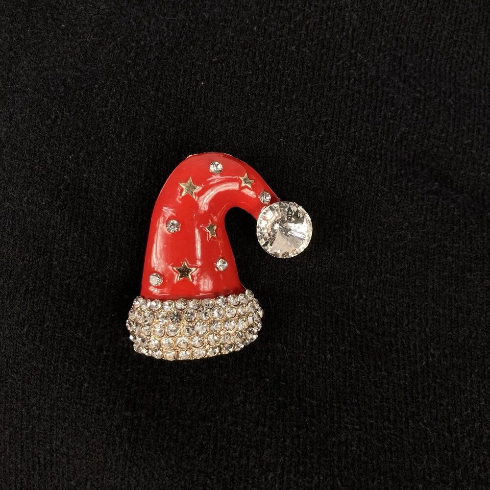 Christmas Santa Hat Brooch/Pin Gold Tone Clear Crystals Red Enamel  1.75" x 2"